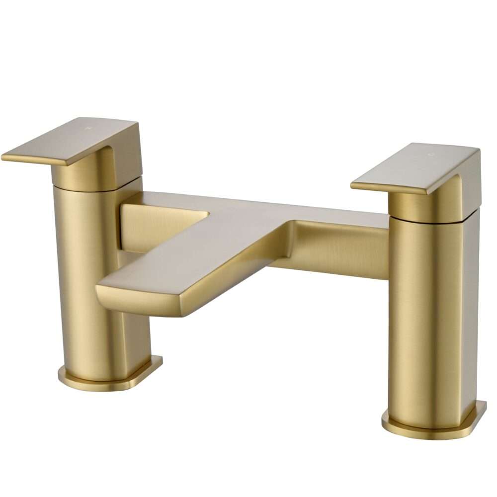 Elevate your bathroom with the Luxury Bath Filler Tap in gold from the Arvan Kova Collection, featuring two rectangular handles and a flat spout, designed for easy deck mounting.