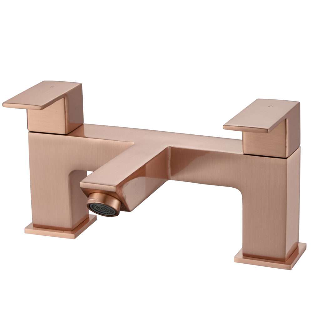 A modern Sanford luxury bath filler tap from the Kova Collection in polished copper, featuring two square handles and a central spout with a sleek, angular design.